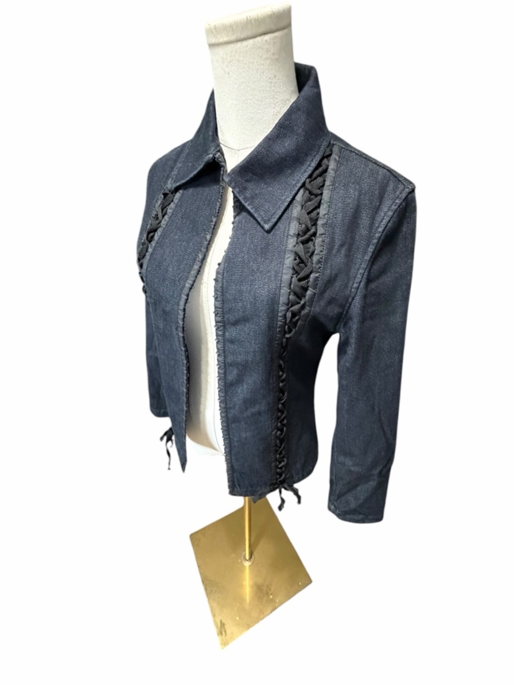 Mariella Burani Woven Trim Dark Denim Jacket Made In Italy - Womens Med - Picture 4 of 15